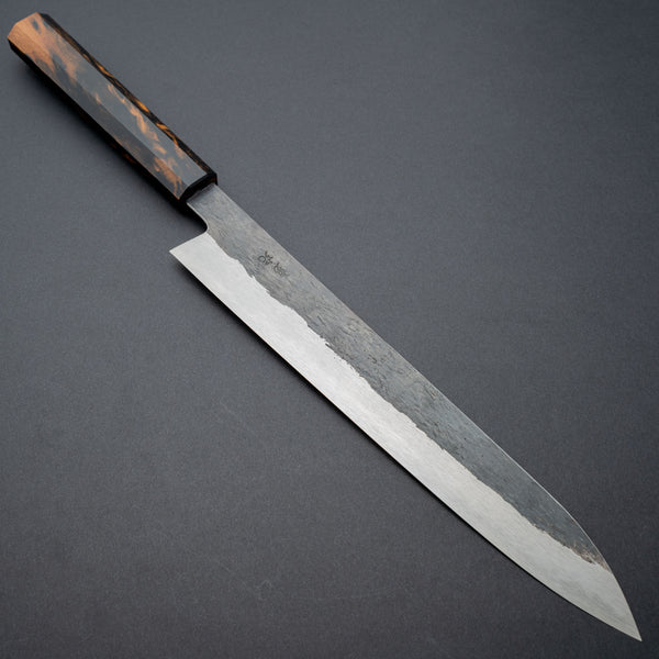 Isamitsu White #1 Stainless Clad Kurouchi Sujihiki 270mm Black and White Ebony Handle