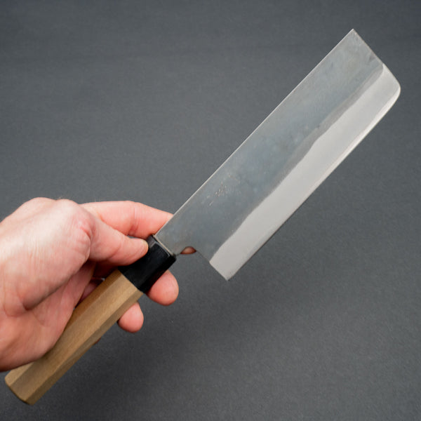 Hitohira Hizen Kurouchi Blue #1 Stainless Clad Nakiri 165mm Ho Wood Handle