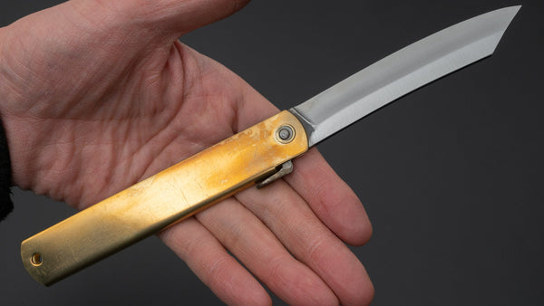 Higonokami Blue Steel Folding Knife Extra Large Brass Handle - Tetogi