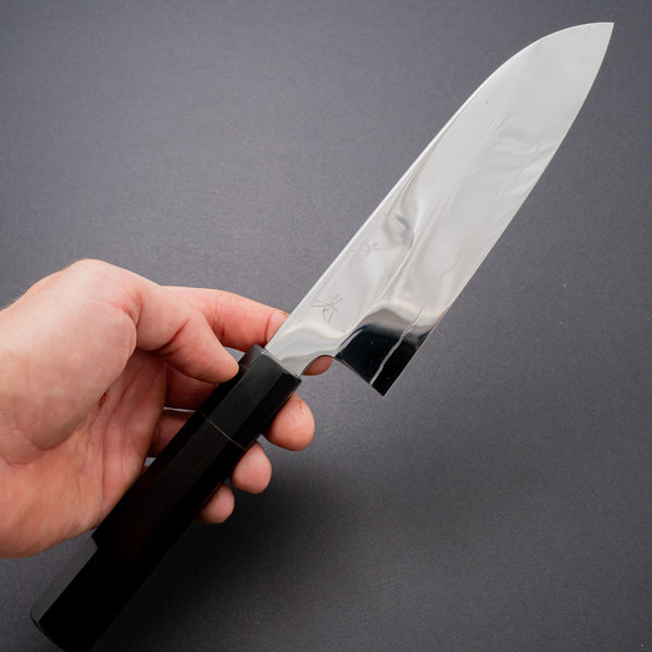 Hitohira Kikuchiyo Rou Silver #3 Fully Mirror Polished Santoku Ebony Handle - Tetogi