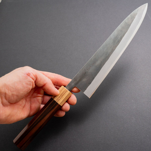 Hitohira TD Blue #2 Stainless Clad Kurouchi Gyuto 210mm Ebony Handle (Oak Ferrule) - Tetogi