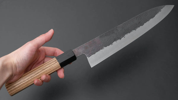 Isamitsu Blue Super Stainless Clad Kurouchi Gyuto 240mm Taihei Zebrawood Handle - Tetogi