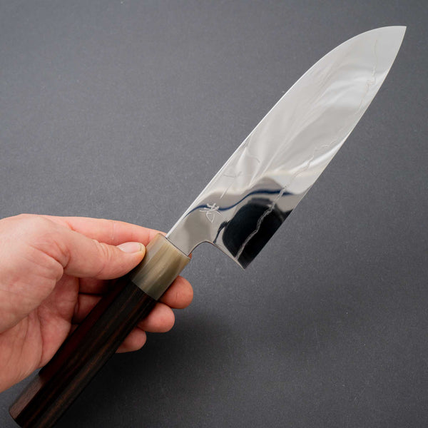 Hitohira Kikuchiyo Rou Silver #3 Fully Mirror Polished Santoku Taihei Makassar Ebony Handle - Tetogi