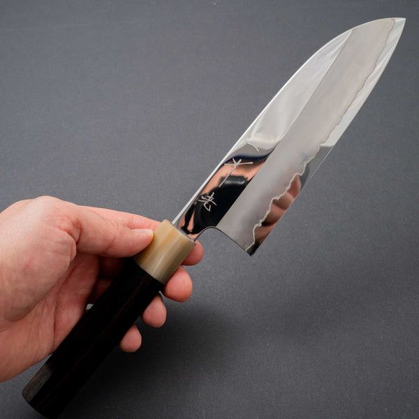 Hitohira Kikuchiyo Rou Silver #3 Mirror Polished Santoku Taihei Makassar Ebony Handle - Tetogi