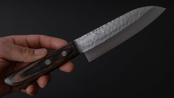 Hitohira NM Tsuchime Santoku 130mm Pakka Handle (No Bolster/ Brown) - Tetogi