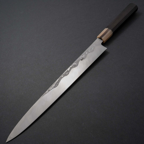 Hitohira Tanaka Manzo Blue #1 Damascus Yanagiba 300mm Ebony Handle (Saya) - Tetogi