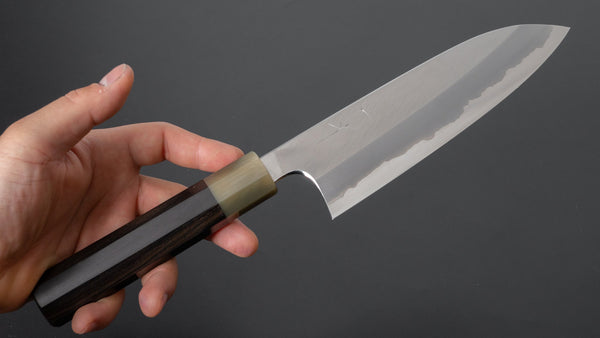 Hitohira Togashi Blue #1 Stainless Clad Migaki Santoku 180mm Taihei Makassar Ebony Handle - Tetogi