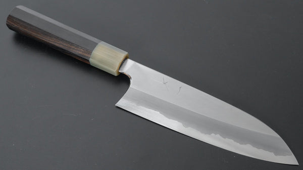 Hitohira Togashi Blue #1 Stainless Clad Migaki Santoku 180mm Taihei Makassar Ebony Handle - Tetogi