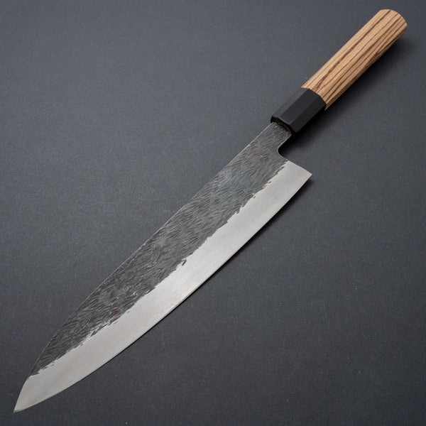 Isamitsu Blue Super Stainless Clad Kurouchi Gyuto 240mm Taihei Zebrawood Handle - Tetogi