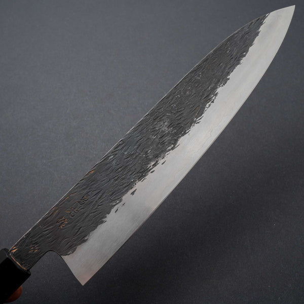 Isamitsu Blue Super Stainless Clad Kurouchi Gyuto 240mm Taihei Zebrawood Handle - Tetogi