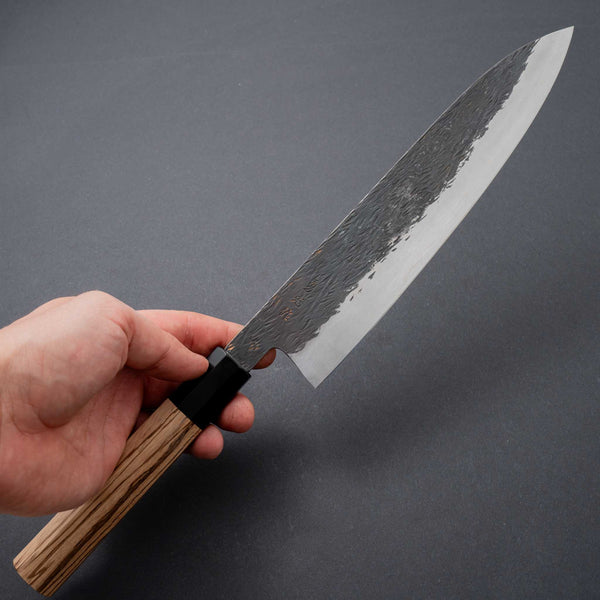 Isamitsu Blue Super Stainless Clad Kurouchi Gyuto 240mm Taihei Zebrawood Handle - Tetogi